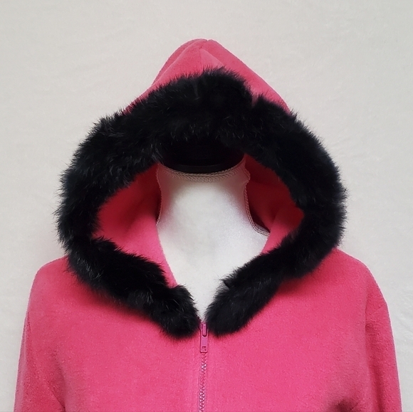 VINTAGE OOAK Upcycled Hot Pink Fleece Black Rabbit Fur Trim Full-zip Cardigan - Picture 6 of 16
